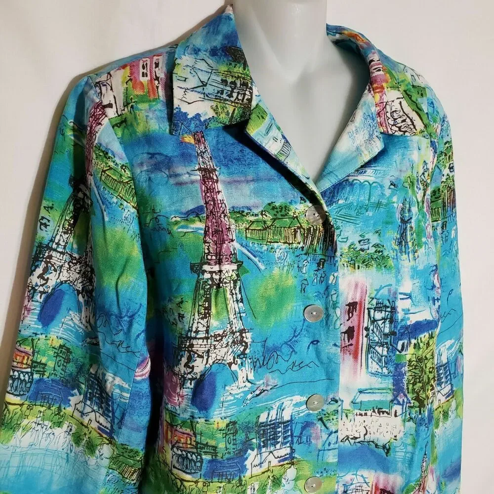Coldwater Creek Petite Small Womens Jacket Linen Blend Blazer Paris Print Blue